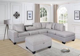 Fabric Upholstered Sectional with Reversible Chaise, Dropdown Cupholders and Storage Ottoman- Grey