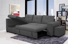 Fabric Upholstered Sectional Sofa bed with Reversible Storage Chaise and Ottoman- Grey