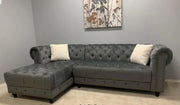 Grey Velvet Sectional With White Throw Pillows- #212030