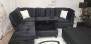 Velvet Sectional With Reversible Chaise, Storage Ottoman & White Throw Pillows- #211013