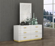 Glossy Finish Bedroom Set with Golden Base Jewelry Storage and Lights on Mirror #06804