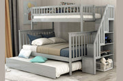 Solid Wood Single Over Double Bunk Bed with Pullout Bed, Stairs and Shelves- Grey Color #052594