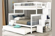 Solid Wood Single Over Double Bunk Bed with Pullout Bed, Stairs and Shelves- White Color #052594
