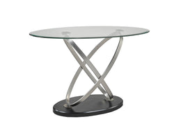 Clear Glass Top Oval Shaped Console Table with Aluminum Ring and  Black Base