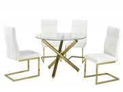 Round Glass Top with Gold Finish Legs Table with Leather Chairs with Gold Finish Legs Chairs 5Pcs Dining Set -White Chairs #034195