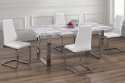 Marble Top with Chrome Legs Table with White Pu Leather Chairs Dining Set #053355
