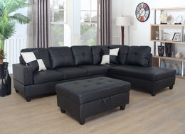 PU Leather Sectional with Chaise and Storage Ottoman- Black