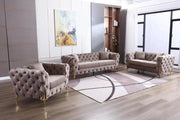 Modern Velvet Fully Button Tufted Sofa Set with Golden Legs- Grey