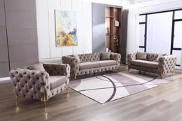 Modern Velvet Fully Button Tufted Sofa Set with Golden Legs- Grey