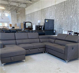 Sectional Sofa Bed with Adjustable Headrest and Storage Chaise- Dark Grey #02KUZI