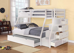 Solid Wood Single Over Double Bunk Bed with Stairs and Drawers- White