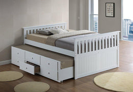 Solid Wood Trundle Bed with Drawers- White