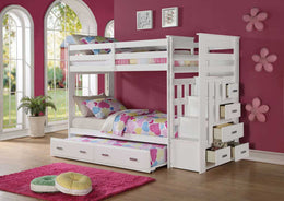 Solid Wood Bunk Bed with Stairs and Drawers- White Color #021122
