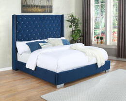 High Headboard Velvet Bed with Crystal Tufted Headboard with Wings- Blue Color #02ASIN