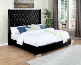High Headboard Velvet Bed with Crystal Tufted Headboard with Wings- Black Color #02ASINB