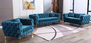 Modern Velvet Fully Button Tufted Sofa Set with Golden Legs- Blue