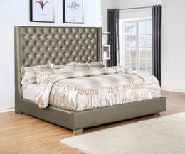 High Headboard Velvet Bed with Crystal Tufted Headboard with Wings- Grey Color #02ASINB