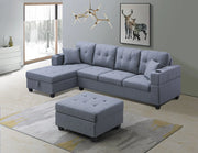 Fabric Sectional With RHF/LHF Storage Chaise & Ottoman- Includes Cup Holders & Throw Pillows- Grey Color #211942