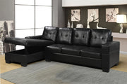 Air Leather Sectional With Cup Holders and Storage Chaise- Black Color #16UQEENS