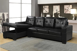 Air Leather Sectional With Cup Holders and Storage Chaise- Black Color #16UQEENS