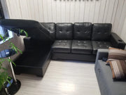 Air Leather Sectional With Cup Holders and Storage Chaise- Black Color #16UQEENS