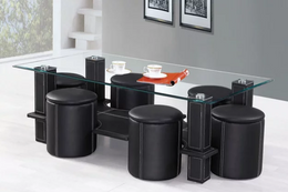 Clear Glass Coffee Table with Black Legs and 6 Stools #172056