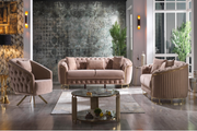 Turkish Made Modern Tufted Sofa Set with Gold Legs- Mink Velvet