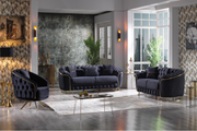 Turkish Made Modern Tufted Sofa Set with Gold Legs- Black Velvet