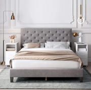 Velvet Upholstered Bed with Button Tufted and Adjustable headboard- Grey Color