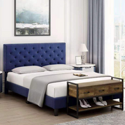 Velvet Upholstered Bed with Button Tufted and Adjustable headboard- Blue Color