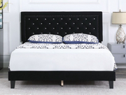 Velvet Upholstered Bed with Crystal Tufted and Adjustable headboard- Black Color