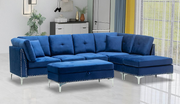 Velvet Upholstered Sectional with Storage Ottoman and Chrome Legs- Blue Color