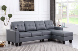 PU Leather Sectional with Reversible Chaise- Grey #Diamond