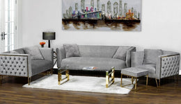 Modern Sofa Set with Button Tufted Back with Golden Legs and Throw Pillows- Grey #061652
