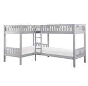 Solid Wood Single Over Single Corner Bunk Bed with Ladder- Grey #112063