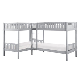 Solid Wood Single Over Single Corner Bunk Bed with Ladder- Grey #112063