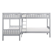 Solid Wood Single Over Single Corner Bunk Bed with Ladder- Grey #112063