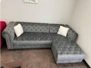 Grey Velvet Sectional With White Throw Pillows- #212030