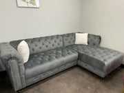 Grey Velvet Sectional With White Throw Pillows- #212030