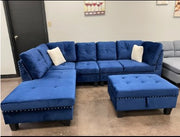 Velvet Sectional With Reversible Chaise, Storage Ottoman & White Throw Pillows- #211013