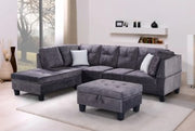 Velvet Sectional With Reversible Chaise, Storage Ottoman & White Throw Pillows- #211013