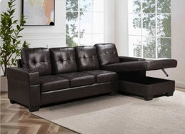 Air Leather Sectional With Cup Holders and Storage Chaise- Brown Color #16QUEENS