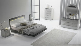 Glossy Contrast Color Finish Bedroom Set with Lights Headboard and Wireless Phone Charger Nightstand #06208