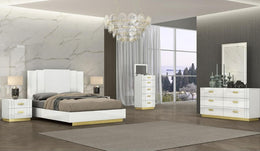 Glossy Finish Bedroom Set with Golden Base Jewelry Storage and Lights on Mirror #06804