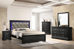 Wooden Bedroom Set with Leather Upholstered with LED Lights Headboard- Black Color