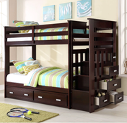 Solid Wood Bunk Bed with Stairs and Drawers- Espresso Color #021120
