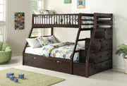 Solid Wood Single Over Double Bunk Bed with Stairs and Drawers- Espresso