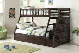Solid Wood Single Over Double Bunk Bed with Stairs and Drawers- Espresso