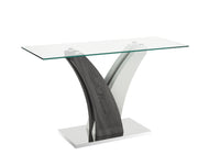 Clear Glass Top with Contrasting Wooden Legs and White Base Modern Console Table