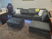 Velvet Sectional with Reversible Chaise and Storage Ottoman- Black Color #16IVY